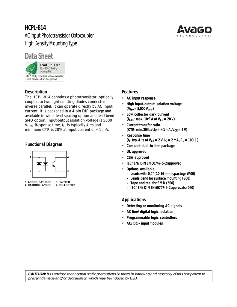 Data Sheet Hcpl 814 Ac Input Phototransistor Optocoupler High Density Mounting Type Manualzz