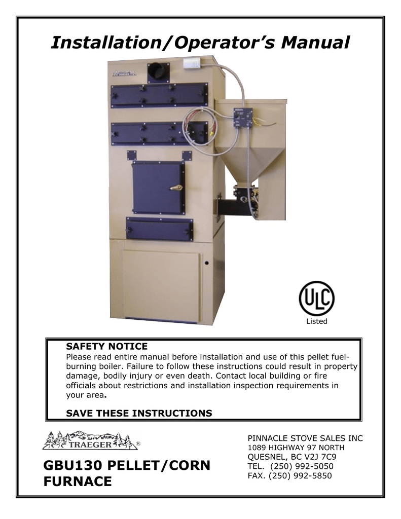 GBU-130 Traeger Pellet Hot Air Furnace Owner's Manual | Manualzz