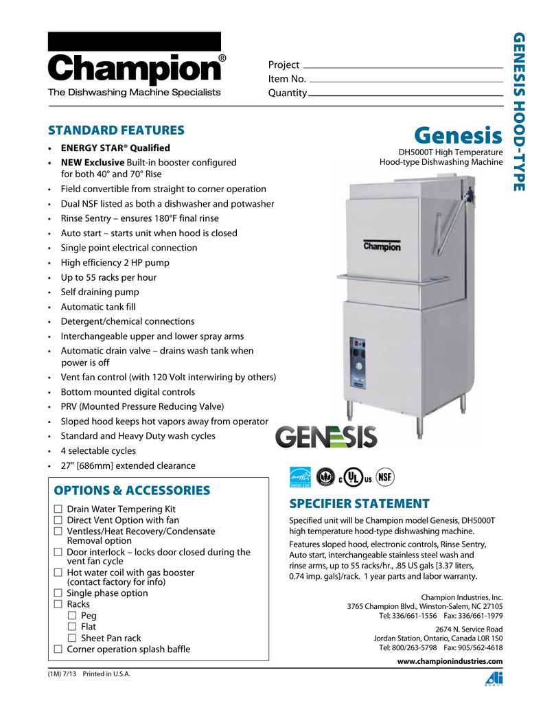 champion genesis dishwasher
