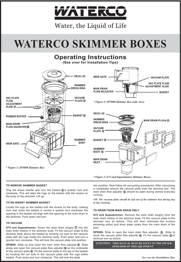 Waterco Skimmer Boxes Operating Instructions See Over For Installation Tips Manualzz