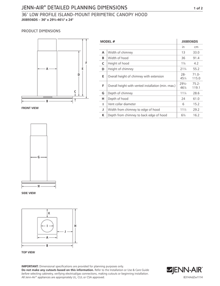 Jenn Air Detailed Planning Dimensions 36 34 Low Profile Island Mount Perimetric Canopy Hood Product Dimensions Manualzz