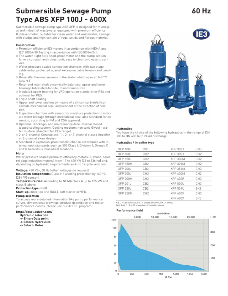 Technical Data Sheet Submersible sewage pumpe type ABS XFP 100J