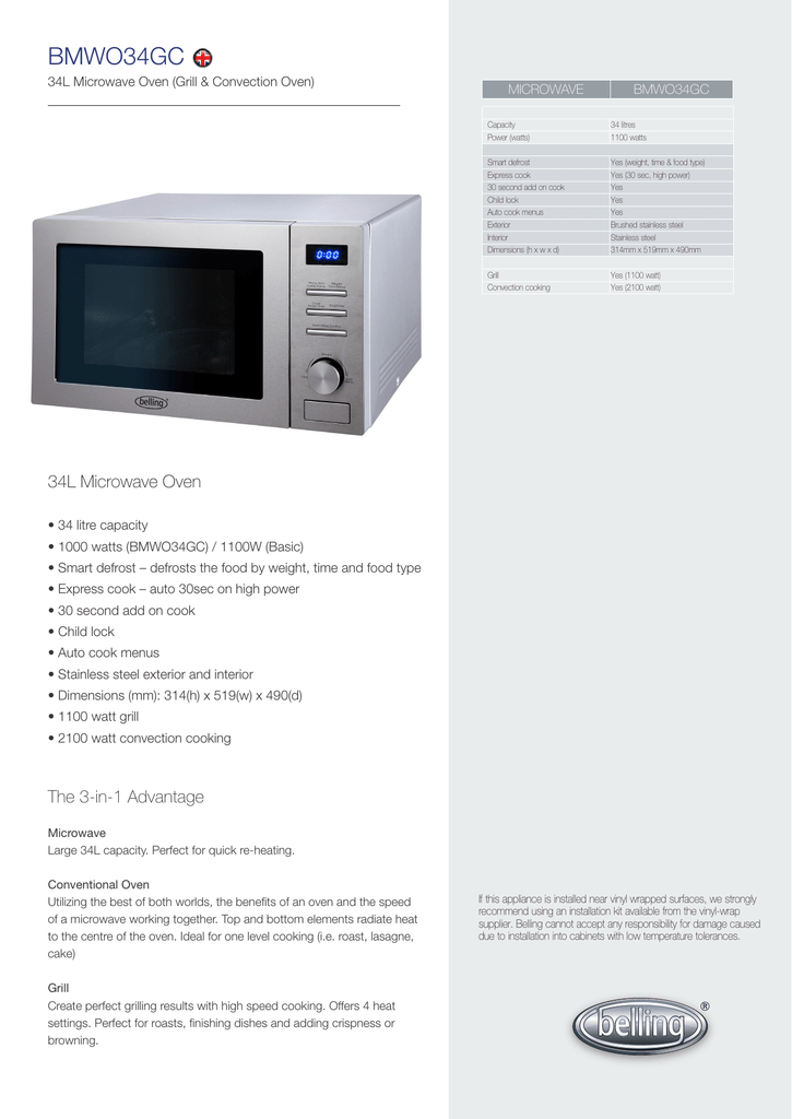 BMWO34GC 34L Microwave Oven (Grill & Convection Oven) MICROWAVE Manualzz