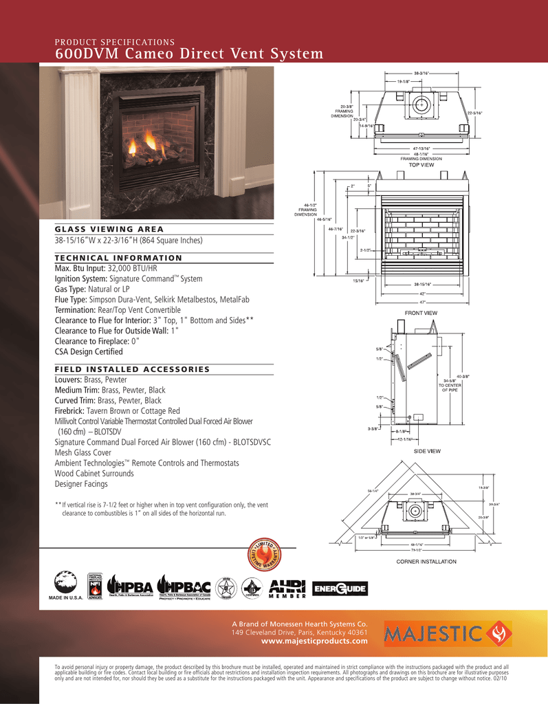 Majestic Cameo 47 Direct Vent Gas Fireplace Specs Manualzz Com