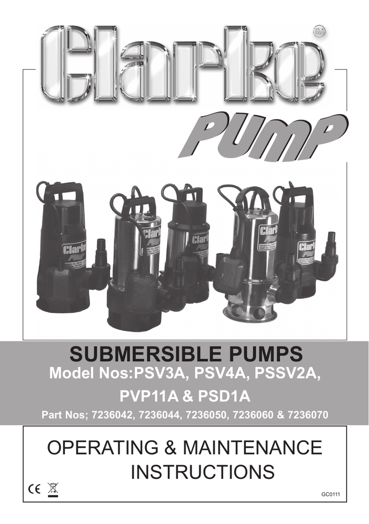 Head 30m Clarke PSD1A Stainless Steel Clean Water Submersible Pump 800 Watt