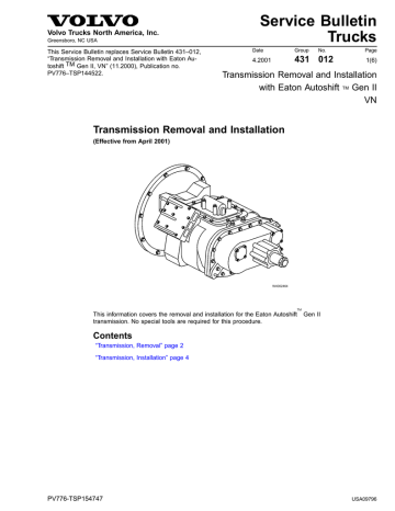 Volvo Trucks Service Bulletin 431-012 Transmission Removal and