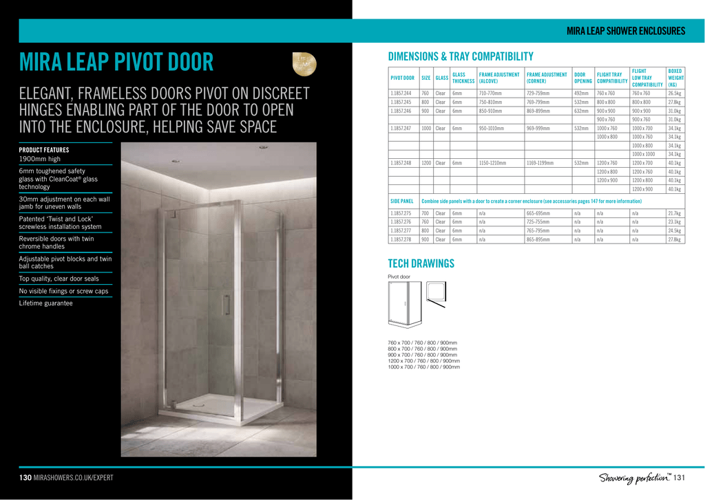 Mira Leap Pivot Door Dimensions Amp Tray Compatibility Mira Leap