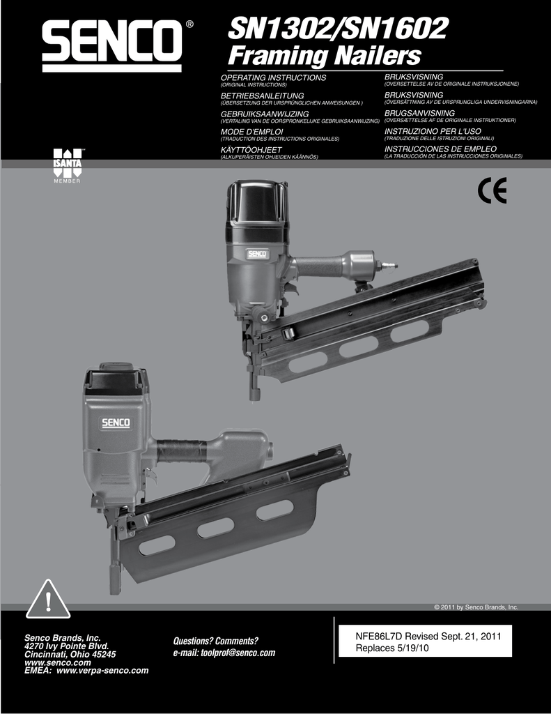 Manual senco framing nailer FRH SN1302, SN1602 Manualzz