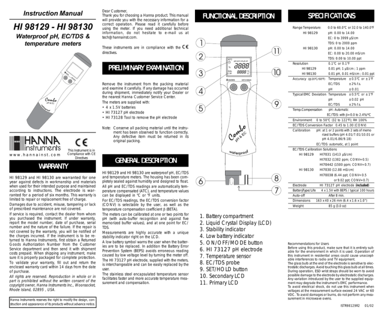 HI 98129 HI 98130 EC/TDS, pH Temp Meter Manualzz