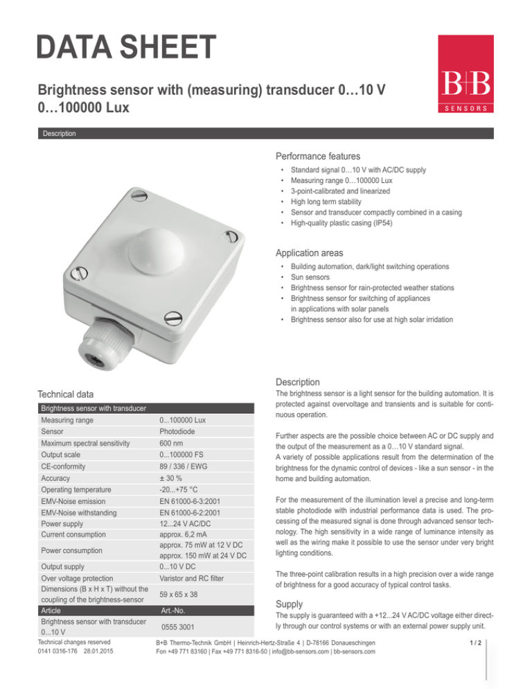 Data Sheet Brightness Sensor With Measuring Transducer 0 10 V 0 Lux Performance Features Manualzz