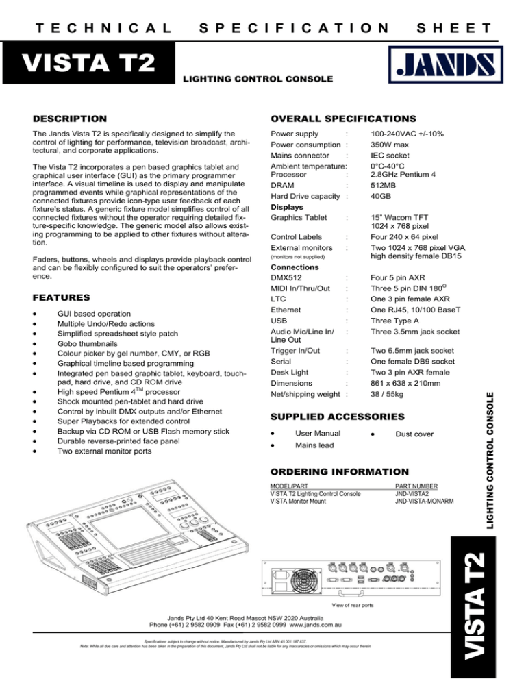 VISTA T2 OVERALL SPECIFICATIONS | Manualzz