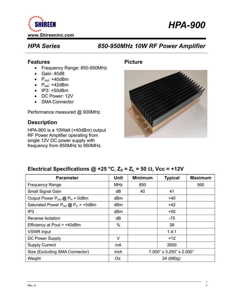 Hpa 900 Hpa Series 850 950mhz 10w Rf Power Amplifier Features Manualzz