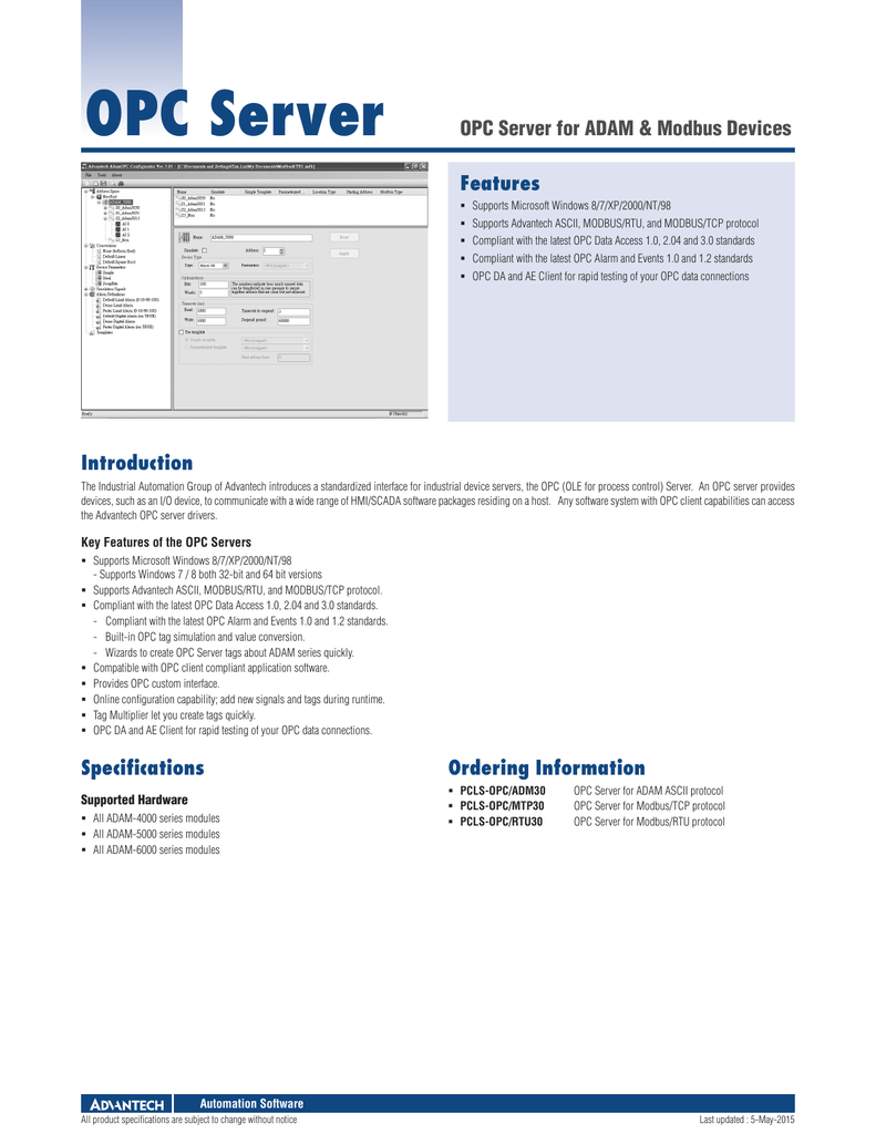 Opc Server Features Opc Server For Adam Amp Modbus Devices Manualzz