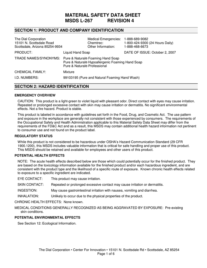 Material Safety Data Sheet Section 1 Product And Company Identification Manualzz