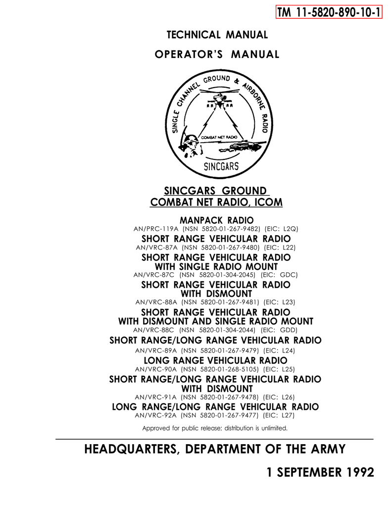 TM 11-5820-890-10-1 TECHNICAL MANUAL OPERATOR’S MANUAL SINCGARS GROUND