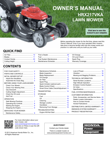 Operator Manual for Honda HRX217VKA | Manualzz