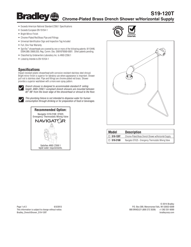 S19 120t Chrome Plated Brass Drench Shower W Horizontal Supply