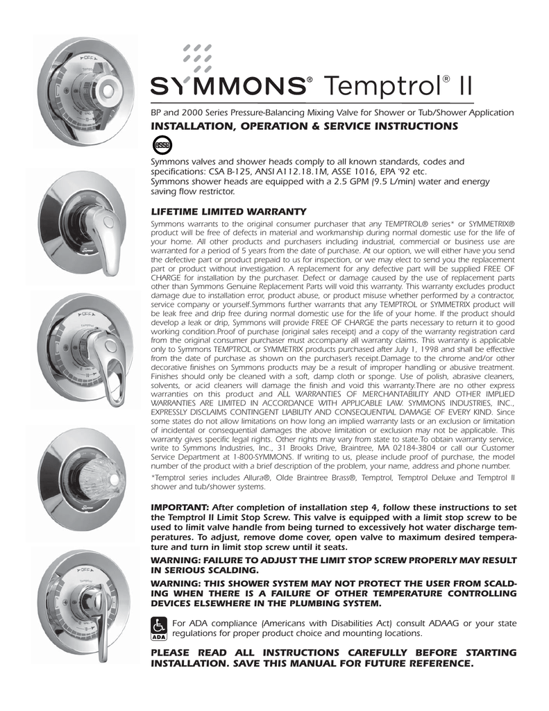 Symmons Valve Installation Instructions And Warranty
