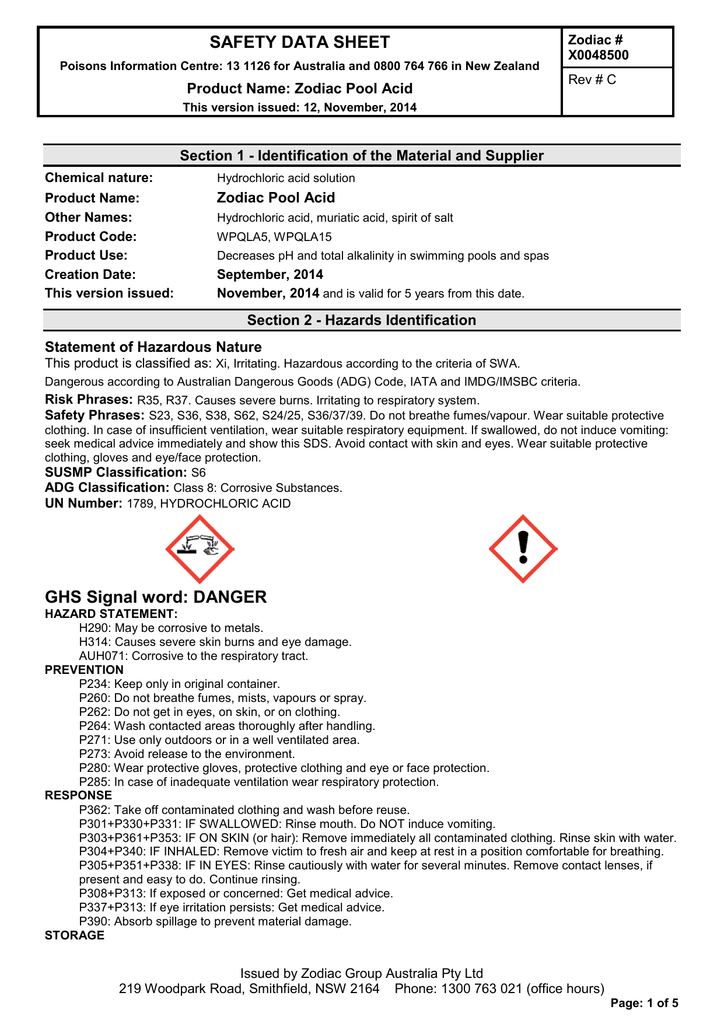 Safety Data Sheet Product Name Zodiac Pool Acid Rev C Manualzz