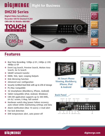 Digimerge DH230 Series Touch Series Hi-Performance DVRs Spec sheet | Manualzz