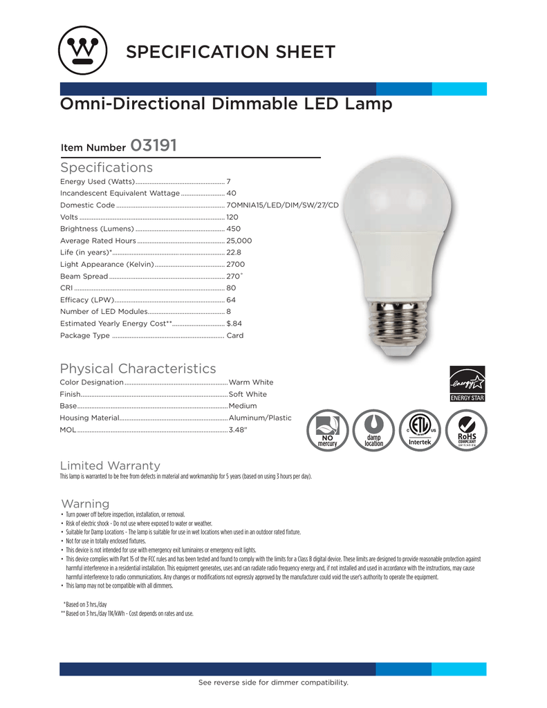 SPECIFICATION SHEET Omni-Directional Dimmable LED Lamp 03191 ...