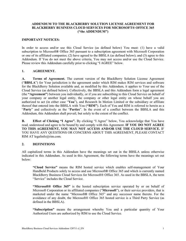 Addendum To The Blackberry Solution License Agreement For Manualzz