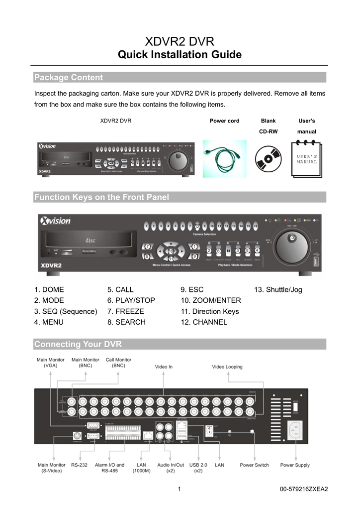 XDVR2 DVR Quick Installation Guide Package Content Manualzz