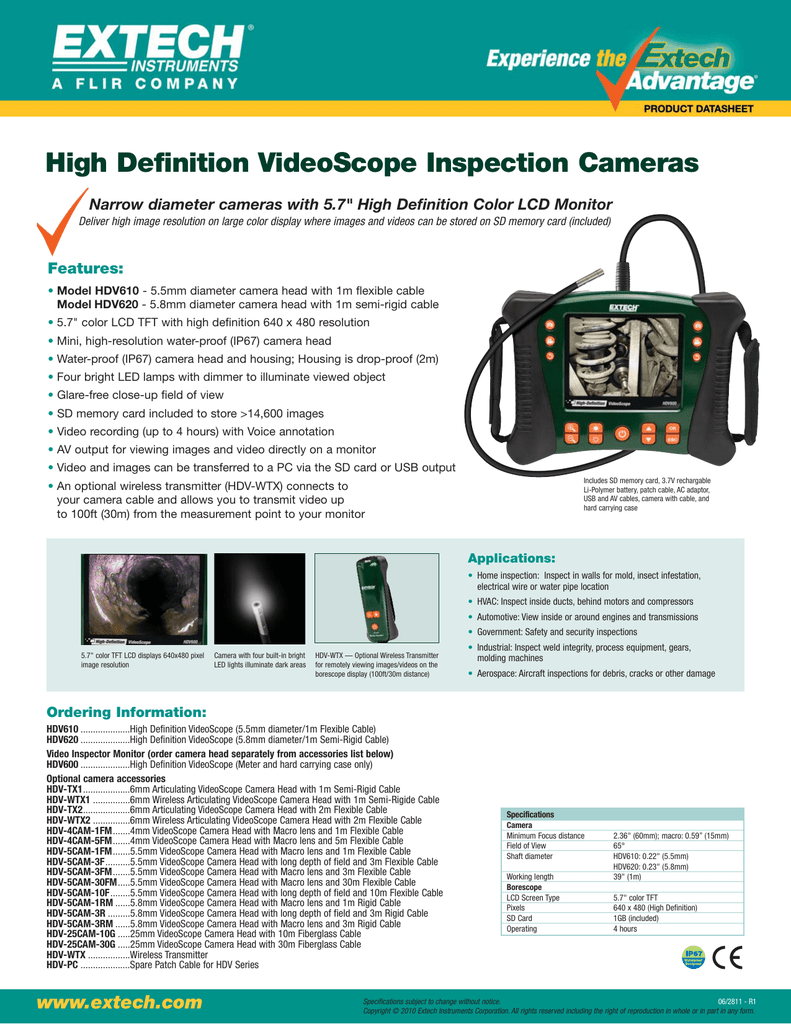 Extech HDV-5CAM-1FM Flexible 1m Videoscope Cable with 5.5mm Camera and Macro Lens Extech Instruments