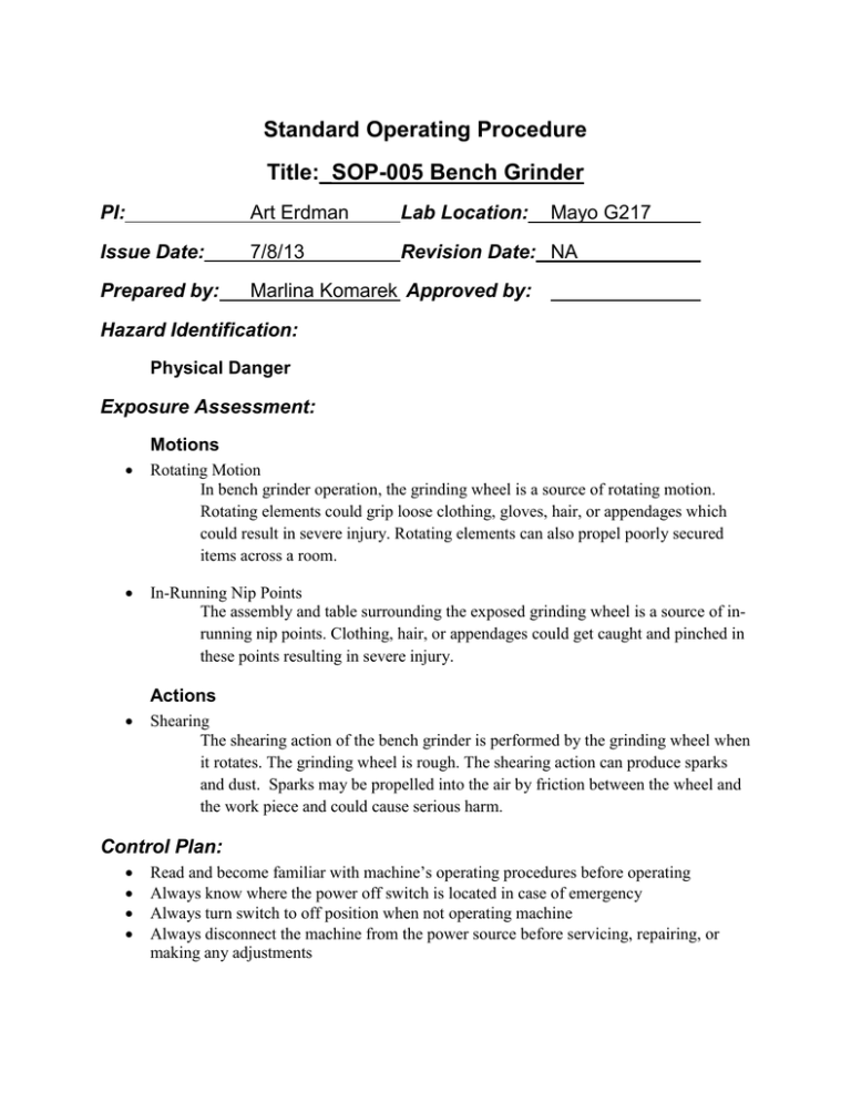 Standard Operating Procedure Title_SOP005 Bench Grinder PI Lab