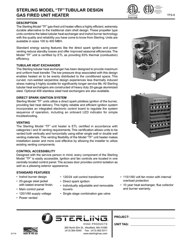 Sterling TF Heater Specs. Dimensions Manualzz