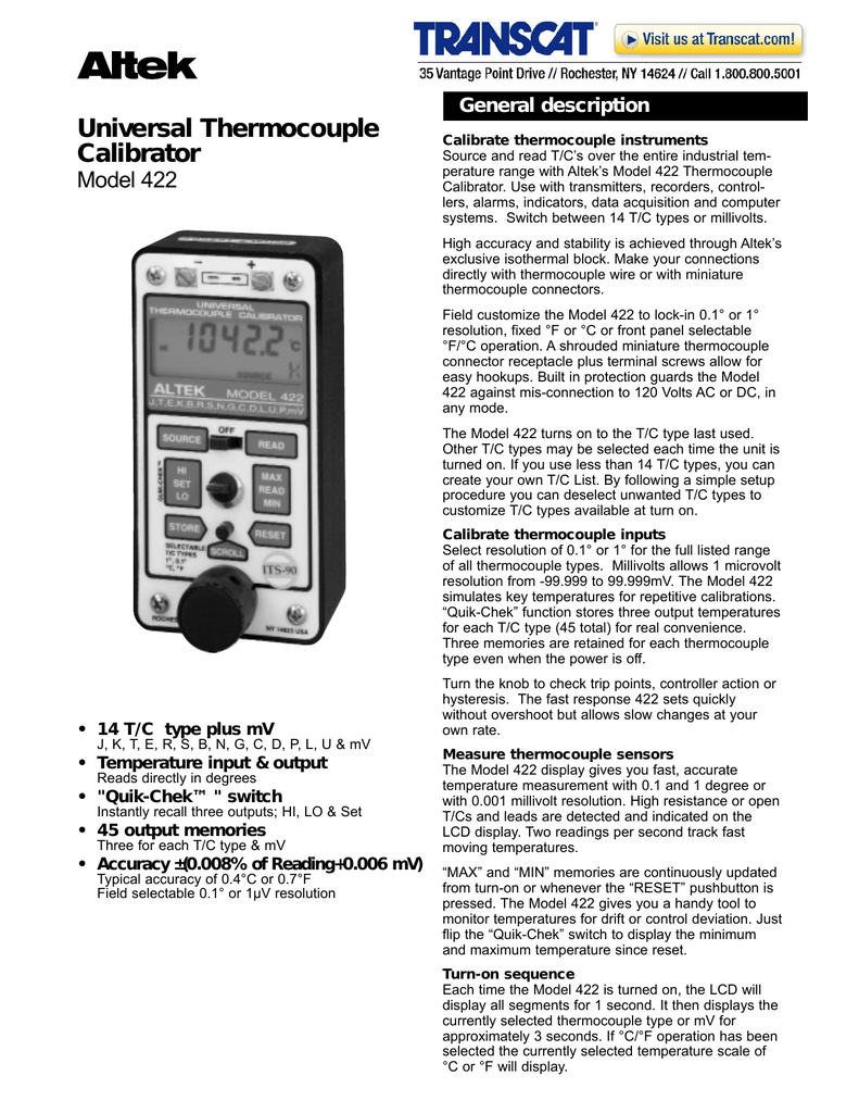 Altek Universal Thermocouple Calibrator 422 User Manual Manualzz
