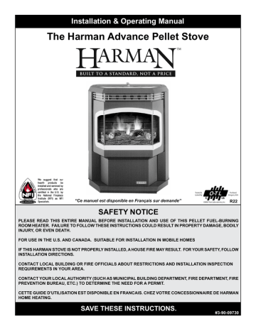 The harman Advance Pellet Stove SAFETY NOTICE Installation & Operating