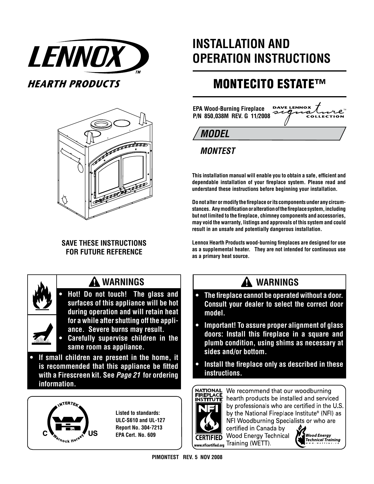 Montecito Estate Installation And Operation Instructions Model