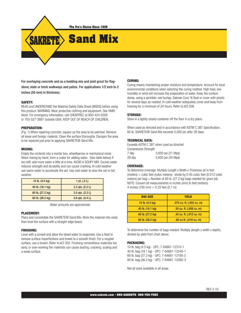 Bag Concrete Conversion Chart