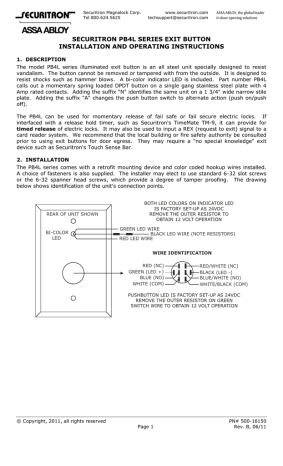 Securitron PB4L Push Buttons Installation Instructions | Manualzz