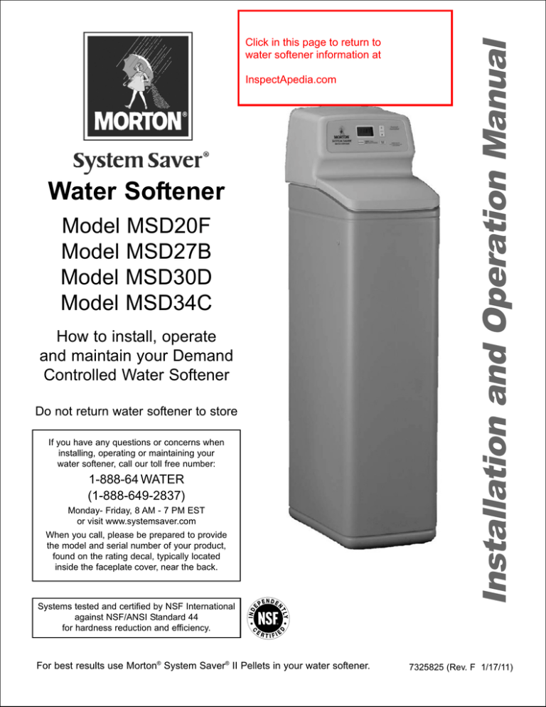 Morton System Saver Water Softener Model MSD20F, MSD27B, MSD30D, MSD34C