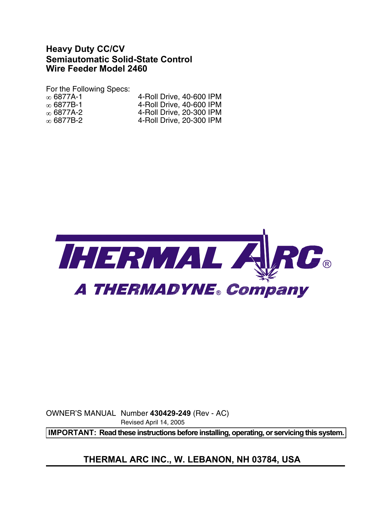 Thermal Arc Heavy Duty Cc Cv Control Wire Feeder Model 2460 430429 Manualzz
