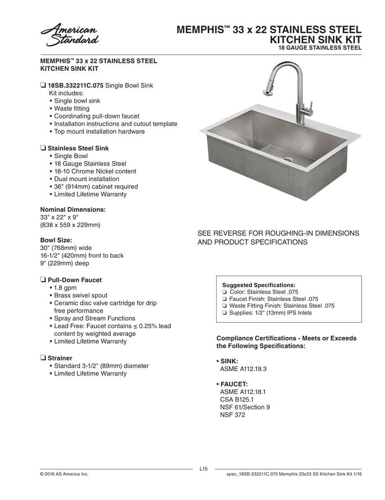 Memphis 33 X 22 Stainless Steel Kitchen Sink Kit