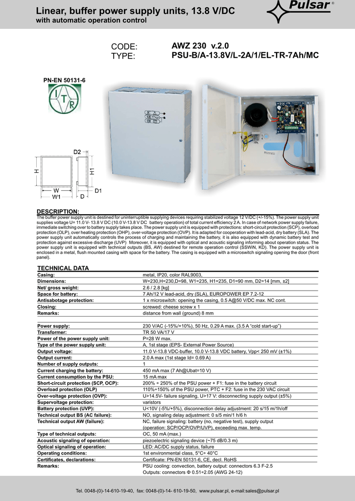 Pulsar Linear Buffer Power Supply Units 13 8 V Dc Awz 230 V 2 0 Psu B A 13 8v L 2a 1 El Tr 7ah Mc Manualzz