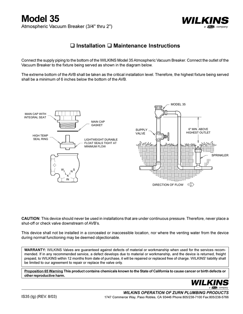 Wilkins 35 Atmospheric Vacuum Breaker | Manualzz