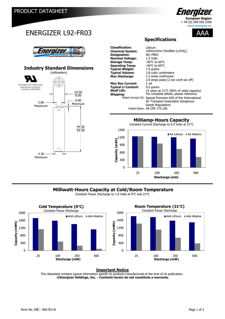 AAA ENERGIZER L92FR03 PRODUCT DATASHEET Specifications Manualzz