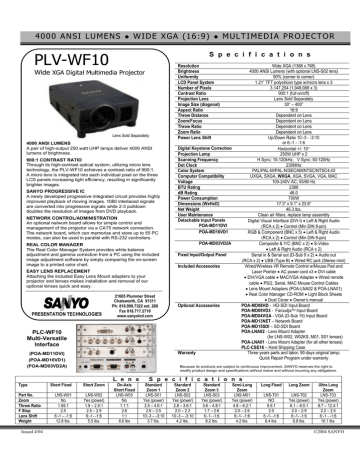 Sanyo WF10 - PLV WXGA LCD Projector Specifications | Manualzz