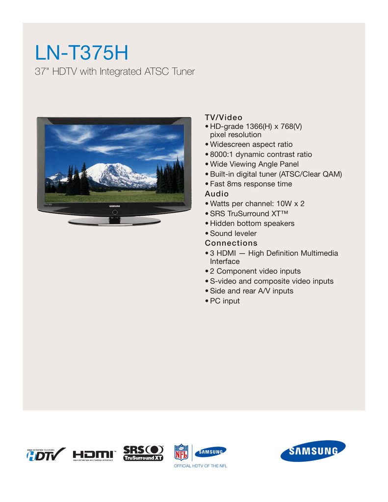 Samsung Ln T375h Product Sheet Manualzz
