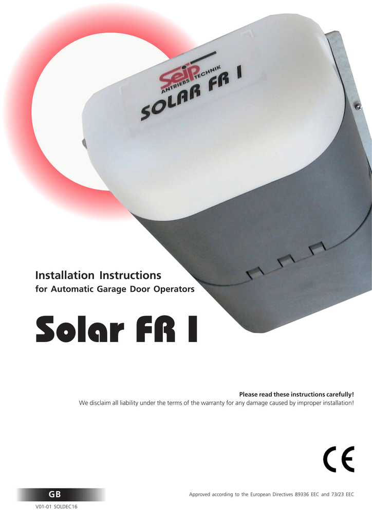 Seip Solar Fr I Garage Door Opener Installation Manual Manualzz