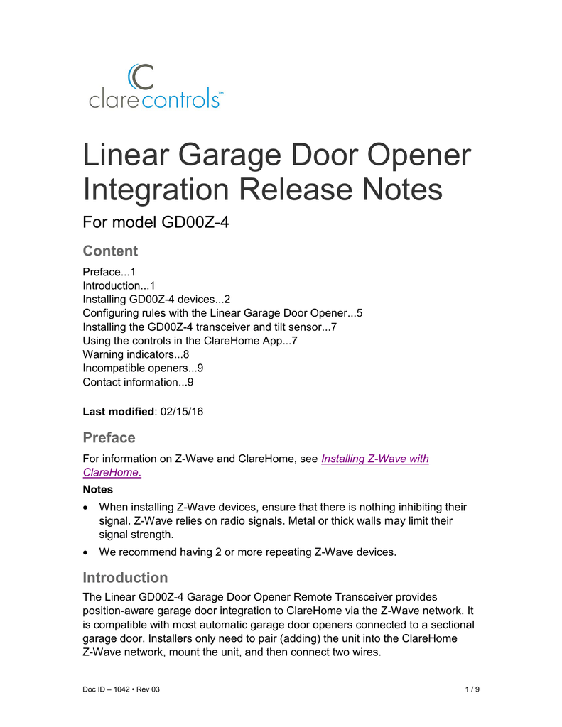 Linear Garage Door Opener Integration Release Notes Doc Id 1042