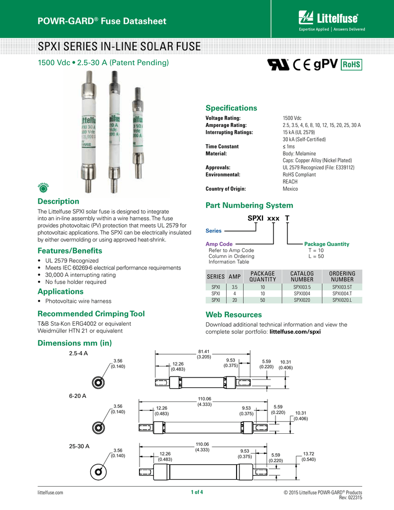 SPF-015 Solar//Photovoltic Protection Fuse 15 Amp 1,000 Volts DC 2 Pack