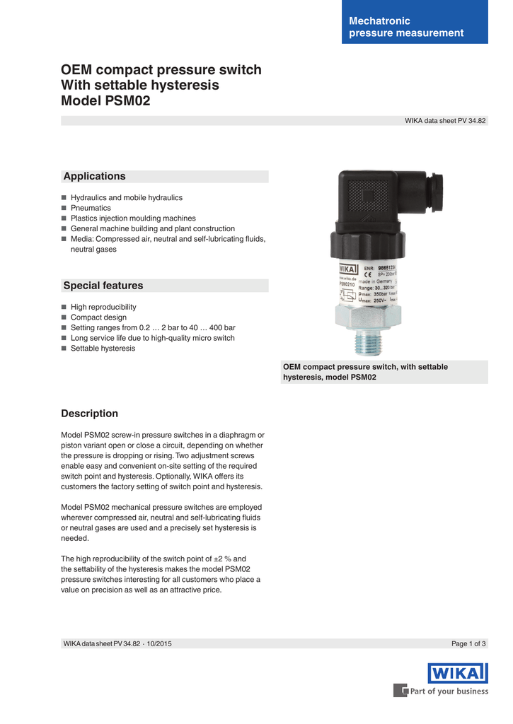 OEM Compact Pressure Switch With Settable Hysteresis Model, 53 OFF
