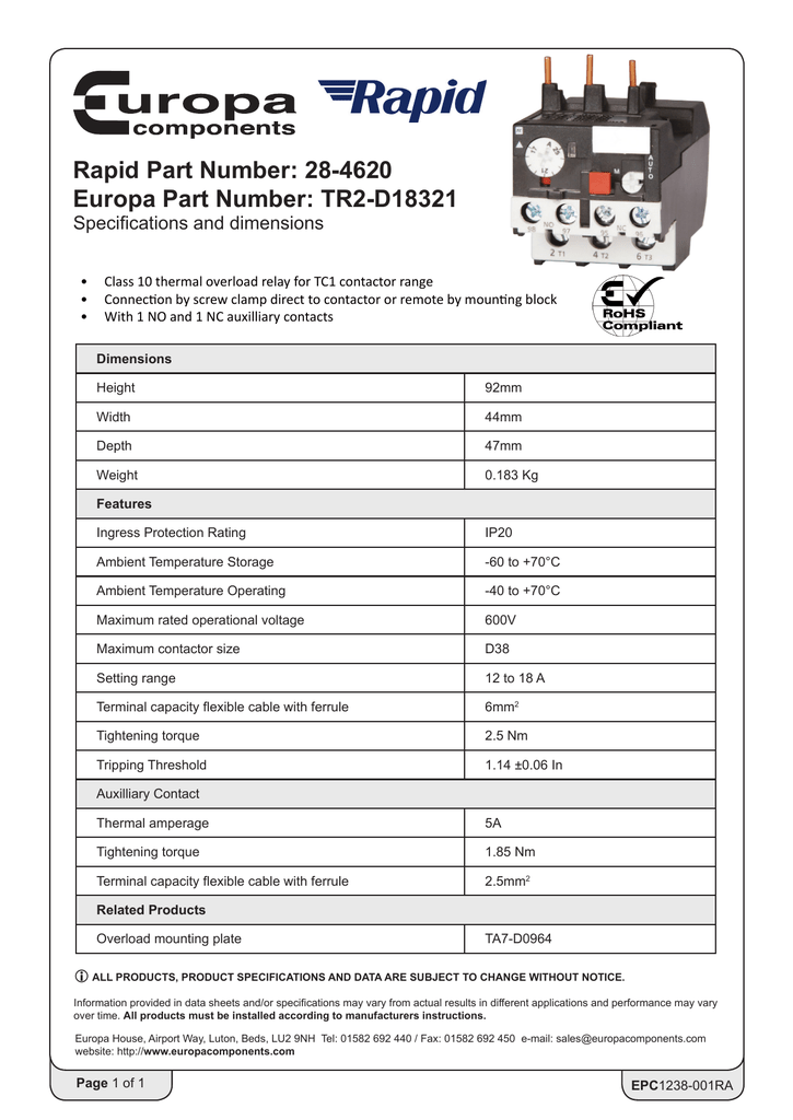 TR2-D18321 Europa Components Overload Relay 12-18A 