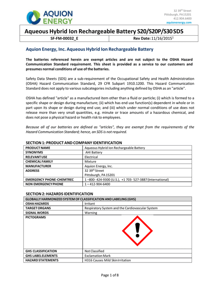 Aquion S30 Msds Manualzz