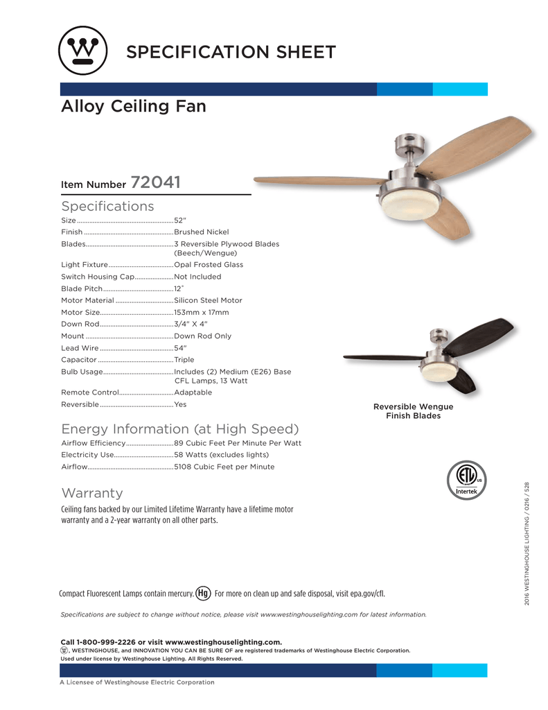 Specification Sheet Alloy Ceiling Fan 72041 Manualzz Com